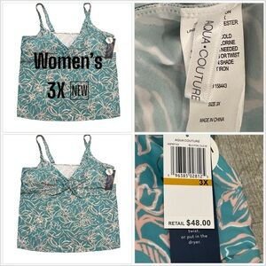 Womens Aqua Couture 3X Tankini Padded Keyhole Swim Swimwear Tank Top Blue NWT
